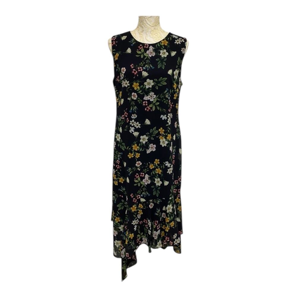 Calvin Klein Sleeveless Dress Womens 12 Black Floral Asymmetrical High Low Hem